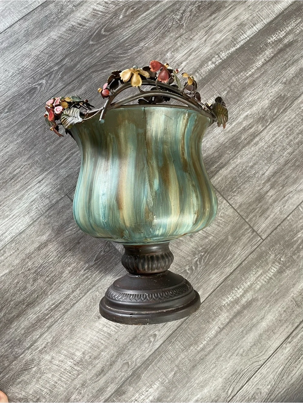 Decorative Floral Metal Urn Vase - Teal Green Finish